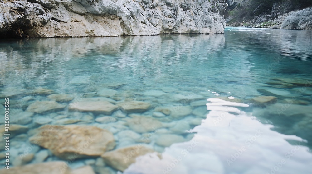 Poster clear and serene river scene with rock bottom in crystal clear water : generative ai