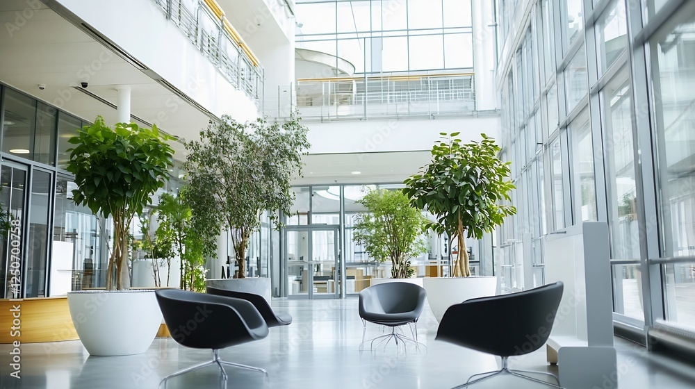 Poster modern office interior with stylish seating and lush greenery for a bright and inviting workspace : 