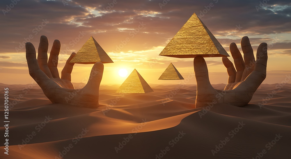 Wall mural Desert Pyramids Balance Above Surreal Hands at Sunset in Egypt