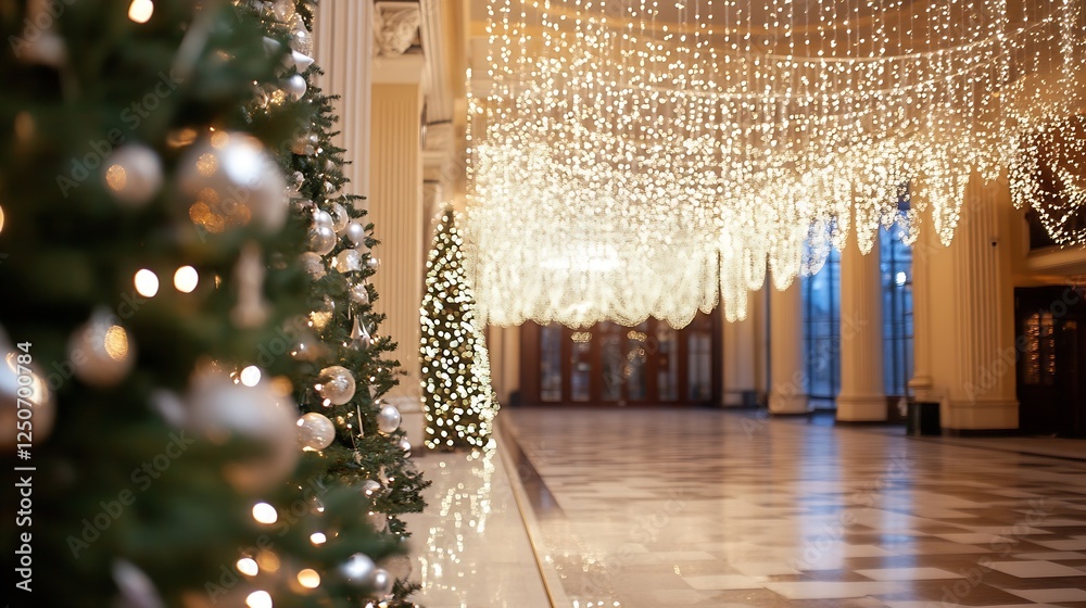 Poster magical christmas corridor adorned with sparkling lights and festive trees : generative ai