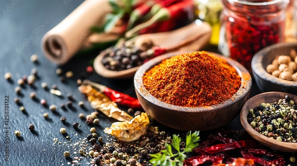 Poster Colorful array of spices arranged in bowls showcasing culinary diversity and flavors : Generative AI