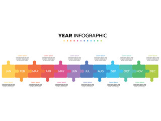 Infographic template for business. Concept with 12 pieces of a puzzle or 12 months, 4 quarter steps vector infographic.