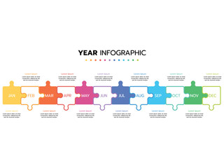 Fototapeta premium Infographic template for business. Concept with 12 pieces of a puzzle or 12 months, 4 quarter steps vector infographic.