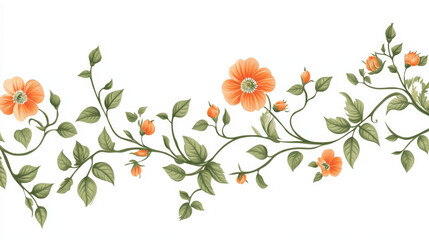 Vintage floral borders design elements with orange and green floral ornaments, composed of flower buds, curved leaves and tendrils. May be use as decoration, embellishment or medieval design