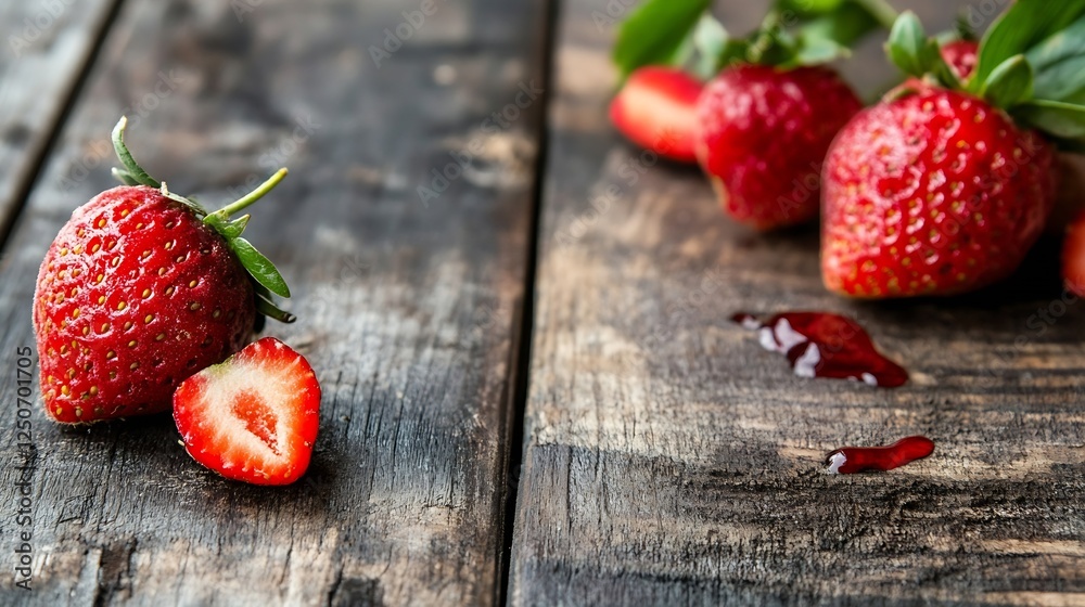 Aufkleber fresh juicy strawberries on wooden table with slices and dripping juice creating a lively and inviti