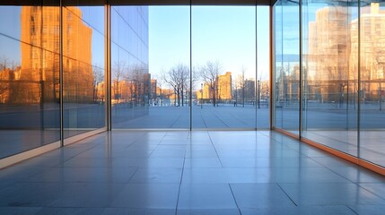 Fototapeta premium Contemporary Glass Building with Reflection of Cityscape in Golden Sunset Glow : Generative AI