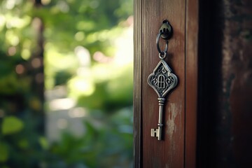 Vintage Key Hanging on Wooden Door in Lush Green Garden Scene