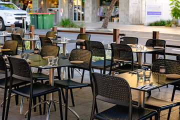 Cafe culture, outdoor street dining restaurant, tables and chairs, alfresco cuisine meal, urban city cosmopolitan lifestyle