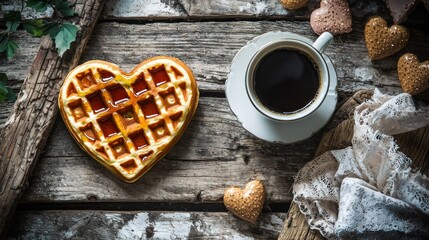 A cozy Valentine's scene with a heart-shaped waffle, syrup, and a cup of coffee on a rustic table.