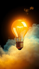 Light bulb. An electric light bulb glows among the clouds