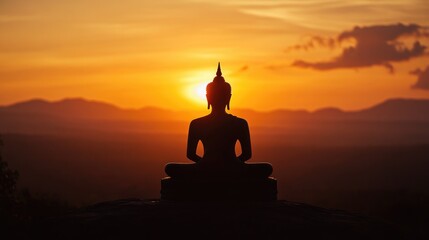 Serene Buddha Silhouette at Sunset Over Tranquil Landscape