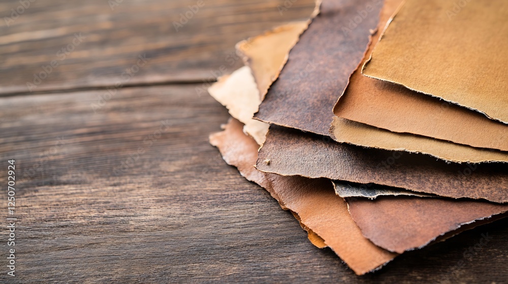Poster collection of assorted vintage leather scraps displayed on rustic wood surface : generative ai
