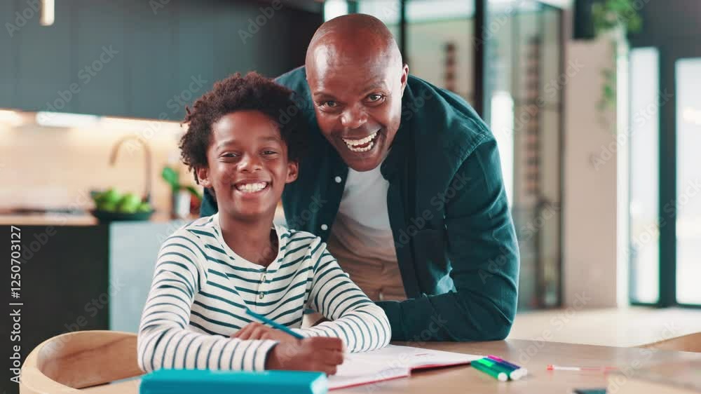 Poster face, dad and child at table with homework for growth, development and happy support in education. l