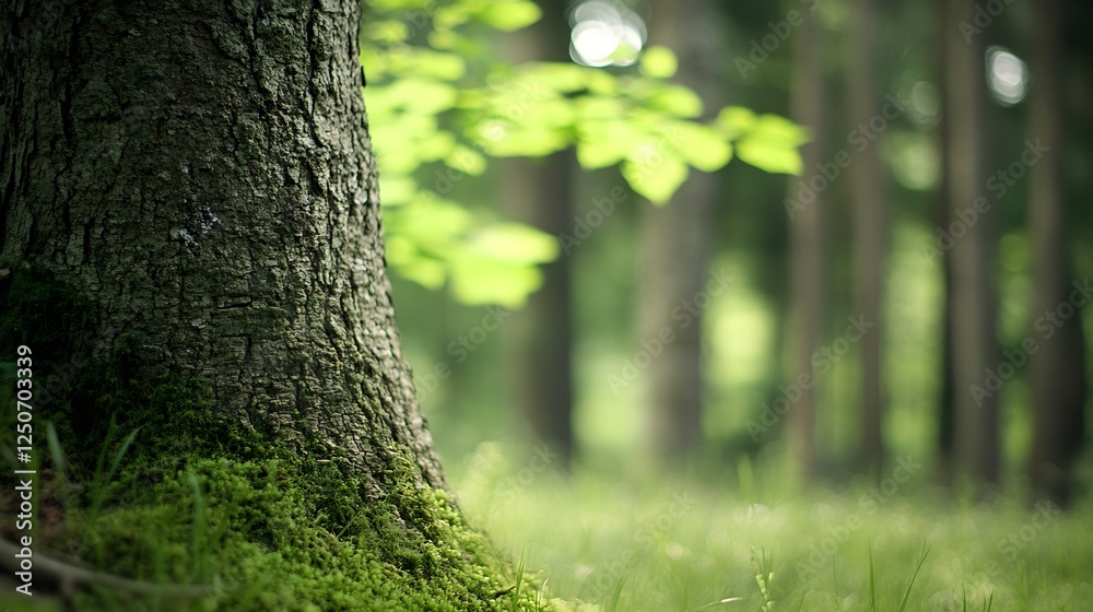 Poster Close Up of a Tree Trunk Surrounded by Green Moss and Forest Background : Generative AI