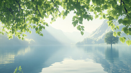 A serene lake in the early morning light, surrounded by lush greenery and trees, reflecting a clear sky with soft sunlight filtering through the leaves, creating an atmosphere of tranquility 