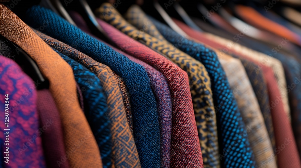 Poster vibrant display of various textured fabric swatches hanging in a row for fashion design inspiration 
