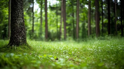Fototapeta premium Beautiful Forest Landscape with Lush Green Grass and Tall Trees Under Bright Sunlight : Generative AI