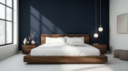 Modern Minimalist Bedroom with Dark Wall and Simple Furniture