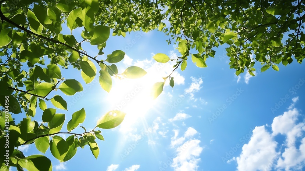 Aufkleber Bright sunlight filtering through lush green leaves creating a serene atmosphere in a beautiful natural setting : Generative AI