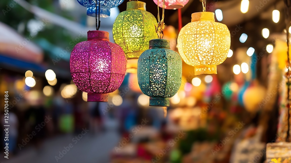 Poster vibrant and colorful hanging lanterns illuminate a lively market scene creating a festive atmosphere