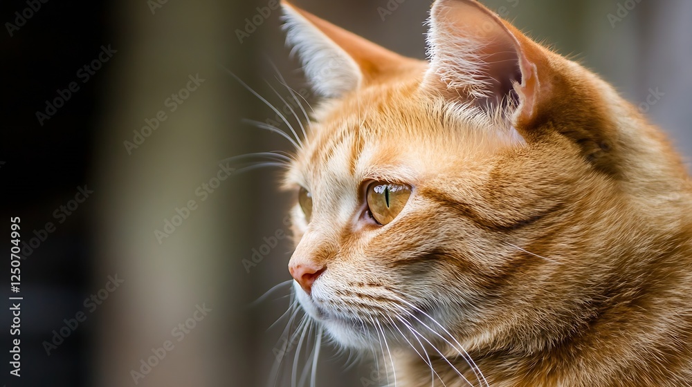 Poster close up of an orange tabby cat looking thoughtfully into the distance with green eyes : generative 