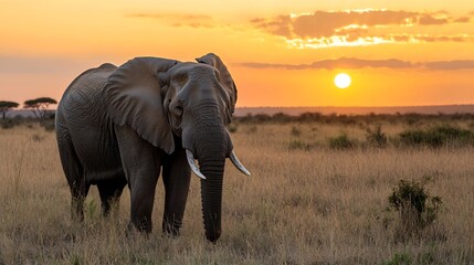 Obraz premium Majestic Elephant Silhouetted Against a Beautiful Sunrise in Serengeti National Park : Generative AI