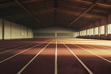 An empty indoor athletic track with running lanes and sunlight streaming through large windows. Concept Indoor Athletic Track, Sunlight Through Windows, Running Lanes, Serene Atmosphere