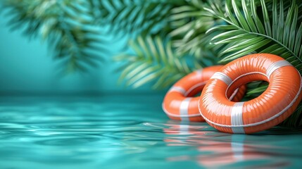 Life preservers in tropical pool with palm leaves, summer safety concept