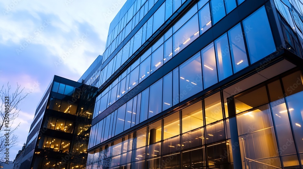 Aufkleber captivating evening view of illuminated glass buildings against a colorful sunset sky : generative a