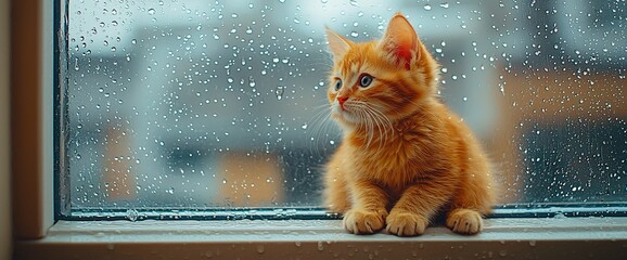 Kitten watching rain on window