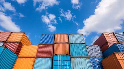 Fototapeta premium Colorful shipping containers stacked against a bright blue sky create a vivid industrial scene : Generative AI