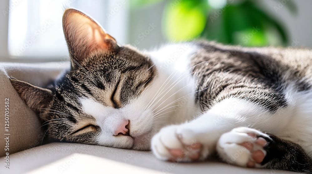 Poster A fluffy cat sleeping peacefully in the sun illuminated by soft natural light creating a serene atmosphere : Generative AI