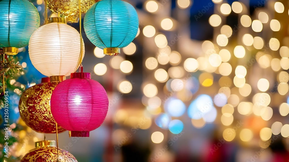 Poster colorful decorative lanterns with bokeh effect creating a magical festive atmosphere at night : gene