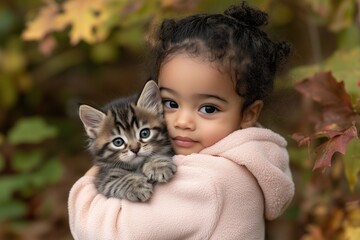 Little girl holding a striped kitten in autumn foliage. Childhood and pet companionship
