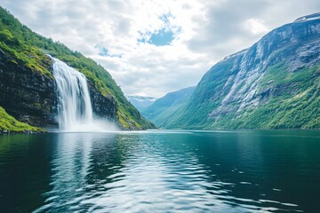Fjord waterfall cascading into serene lake, mountains background, travel photography