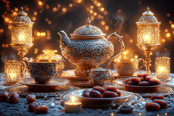 Ornate teapot, cups, dates, and candles on table, warm lights in background, Ramadan theme