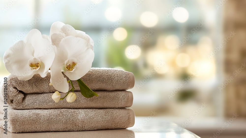 Aufkleber Tranquil spa setting featuring fluffy towels and elegant white orchids in soft light : Generative AI