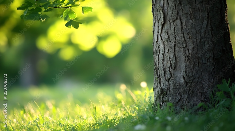 Poster Close up of a majestic tree trunk surrounded by soft green grass in a serene outdoor setting : Generative AI