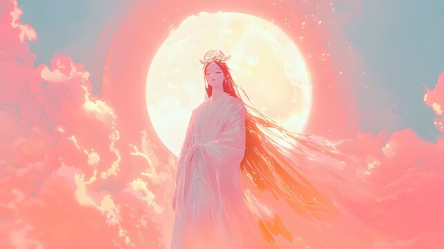 32. A radiant image of Amaterasu glowing with sunlight against a clear pastel sky