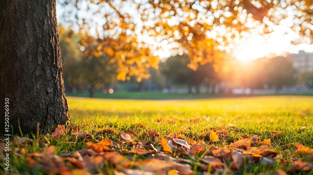 Aufkleber beautiful autumn scene featuring golden leaves under a tree with sunlight filtering through the bran