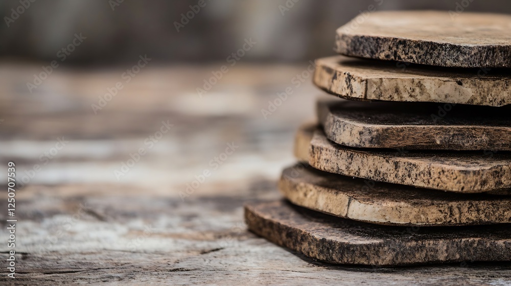 Aufkleber stacked wooden coasters with natural textures arranged on a rustic wooden table : generative ai