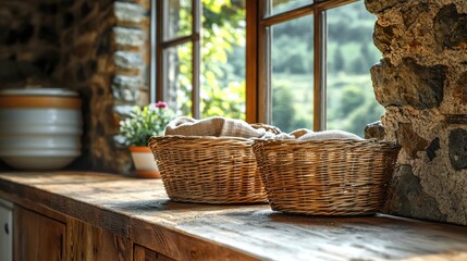 Linen in baskets on rustic window sill, mountain view