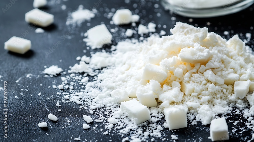 Poster close up view of white sugar cubes and free flowing powdered sugar on a dark surface showcasing swee