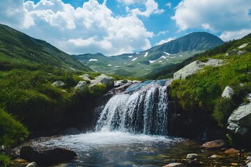 Fototapeta premium Mountain waterfall cascading, clear water, summer, scenic background, nature tourism