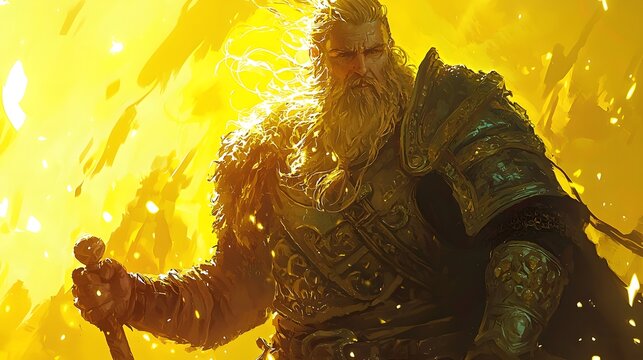 44. A bright and warm depiction of Baldur glowing in soft sunlight on a yellow backdrop