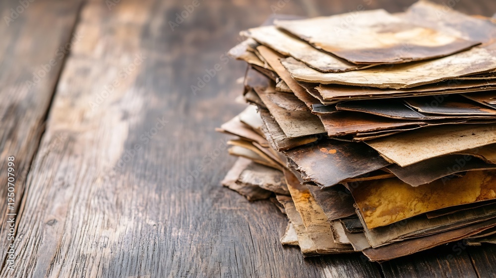 Poster Old and worn out paper sheets piled together on a rustic wooden table with a vintage feel : Generative AI