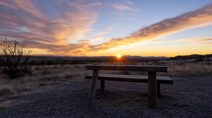 Stunning Sunset Over Desert Landscape with Empty Wooden Bench : Generative AI