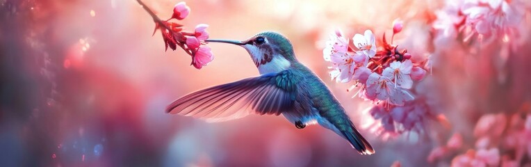 Hummingbird feeding on pink blossoms, spring garden, nature
