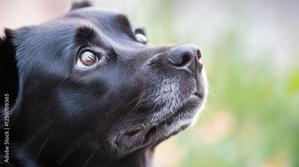 Poster close up portrait of a black dog showcasing its expressive eyes and beautiful fur against a soft gre