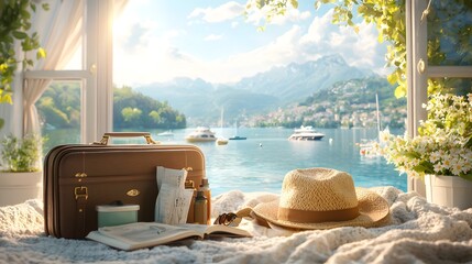 Obraz premium A picturesque lakeside retreat with breathtaking mountain vistas and a charming collection of vintage travel accessories including a weathered suitcase and a stylish straw hat